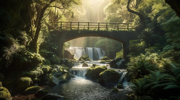 A bridge over a river with a waterfall in the background