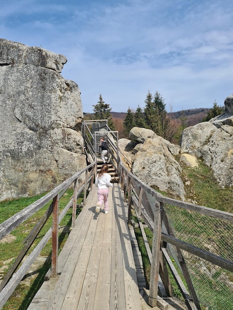 A bridge over a rock formation with a little girl on it