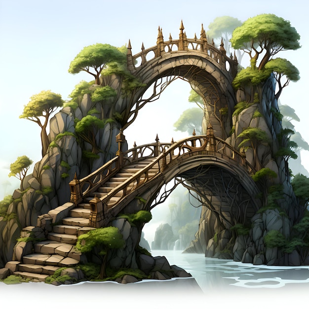 Мост над морем в фантастическом мире 3D цифровой иллюстрации