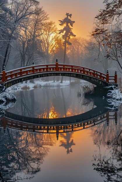 Foto un ponte che attraversa un fiume tranquillo all'alba