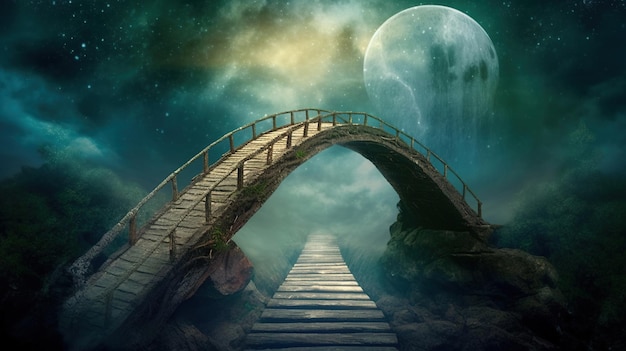 A bridge over a starry night with a moon in the background.