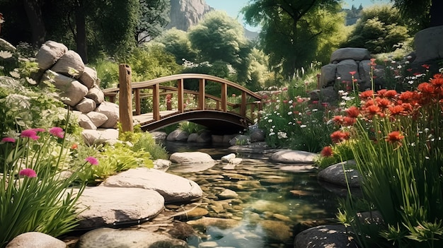 Мост через ручей с цветами и небольшой ручей