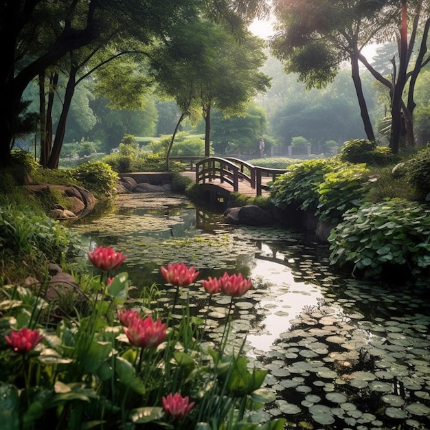 A bridge over a stream with water and flowers