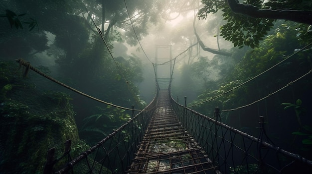 짙은 안개가 자욱한 정글로 둘러싸인 다리 울창한 식물과 덩굴이 있는 열대 우림의 로프 다리 Generative AI