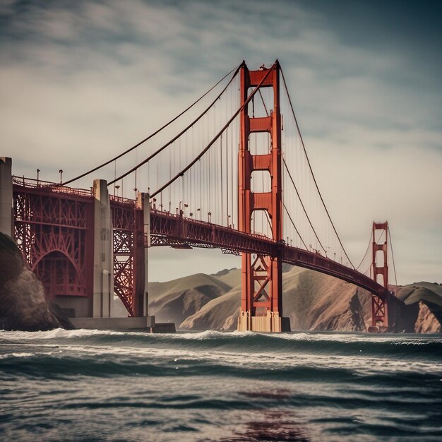 A bridge that has a red bridge in the background.