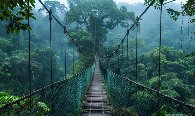 Photo a bridge that has a rope bridge that says  hanging over it