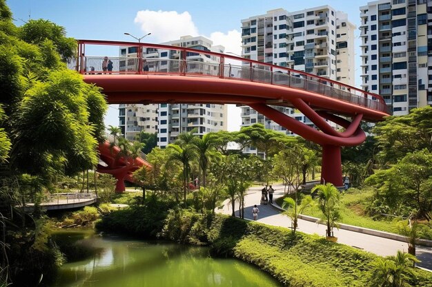 a bridge that is red and has a bridge over it