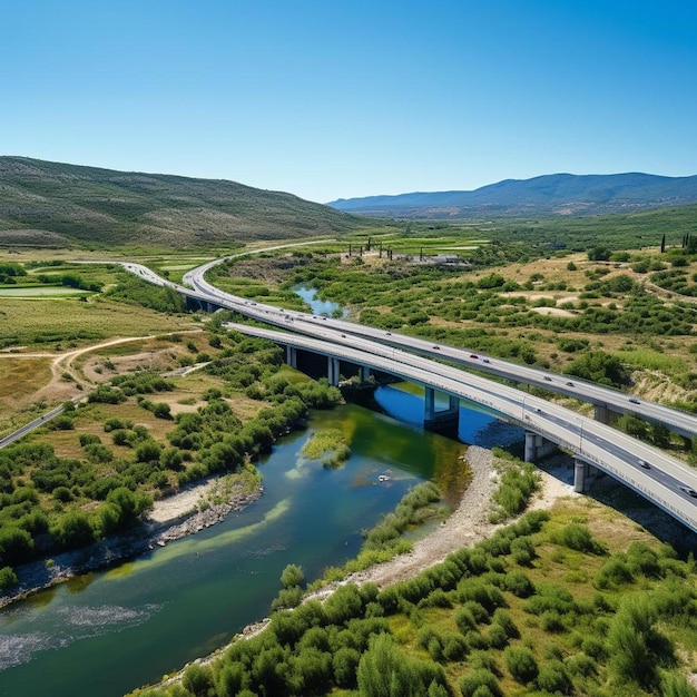 Photo a bridge that is over a river with a bridge in the background