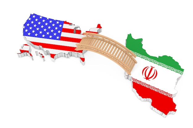 白い背景の上の米国とイランの間の橋。 3Dレンダリング