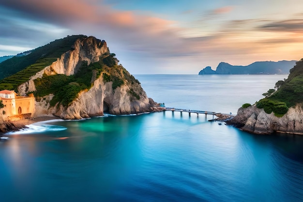 A bridge in the water at sunset