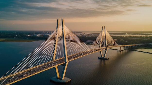 A bridge over the water with the sun setting behind it