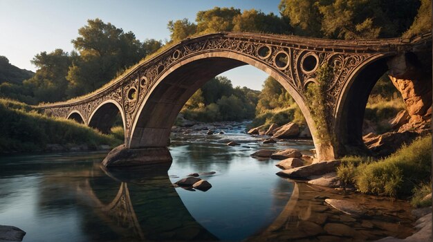 a bridge with arches and a reflection of the sky