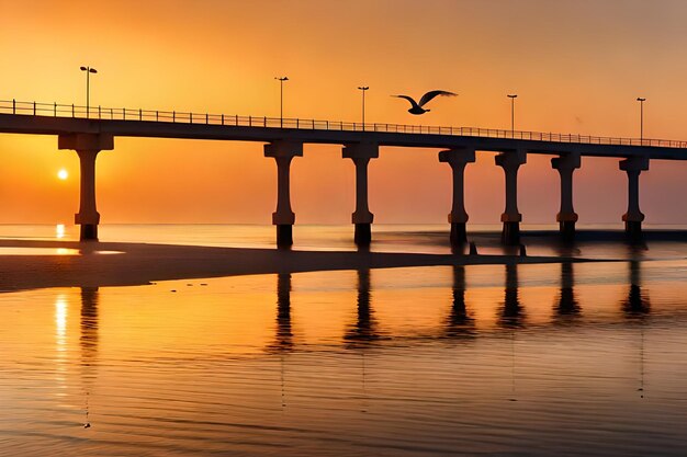 A bridge with a bird flying over it and a sunset in the background