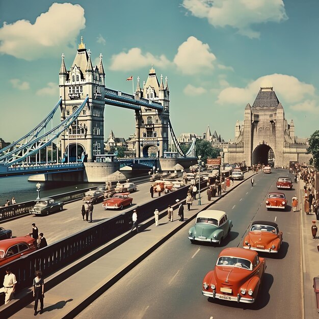 Photo a bridge with cars and a bridge in the background