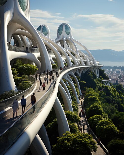 Photo a bridge with a curved structure that has a view of the city below