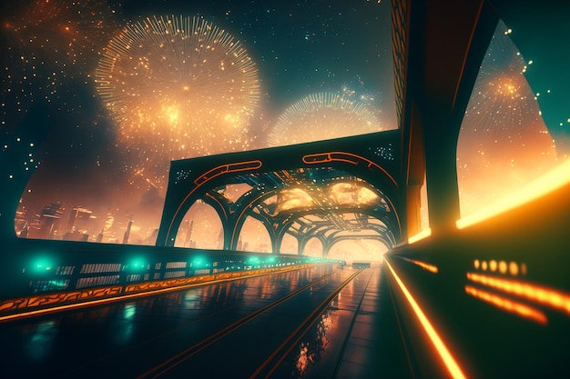 Photo a bridge with a firework in the sky