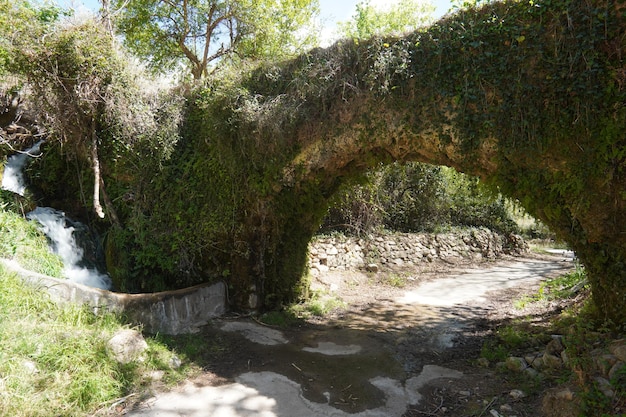 A bridge with ivy on it and a small bridge in the background.