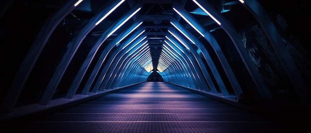 A bridge with lights that are blue and purple