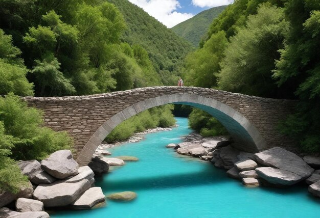 a bridge with a man on it and a blue river in the background