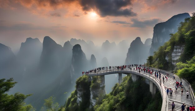 a bridge with people walking on it in front of mountains