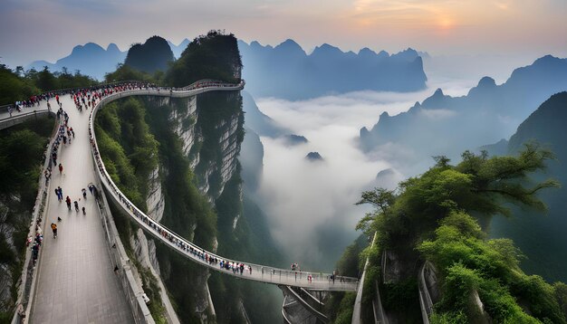 Photo a bridge with people walking on it in the mountains