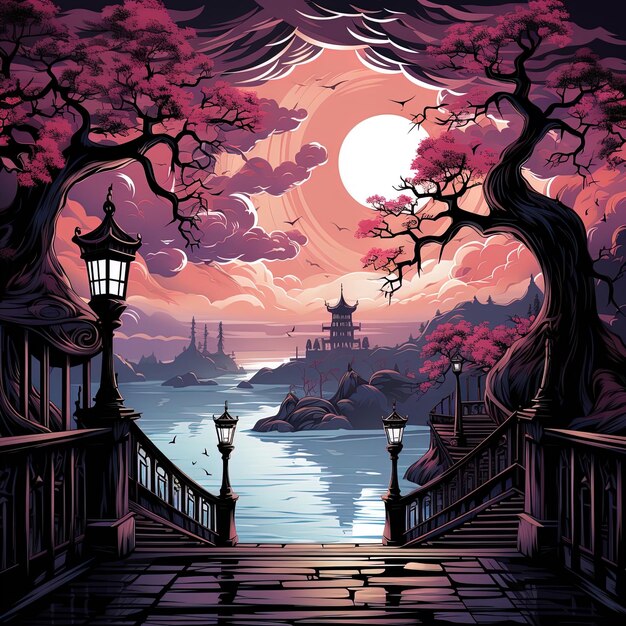 a bridge with a pink moon and a bridge with a pink moon in the background