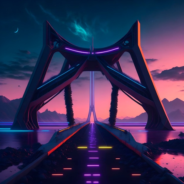 Мост с фиолетовыми огнями и фиолетовым небом с горой на заднем плане.