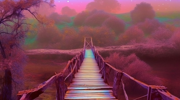 A bridge with a purple sky and the word " on it "