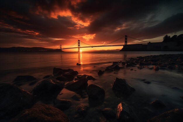 赤い空とその向こうに沈む夕日の橋