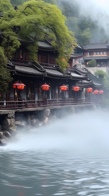 Photo a bridge with red umbrellas on it and the word japanese on it