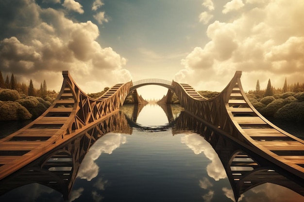 Foto un ponte con un riflesso del cielo e delle nuvole