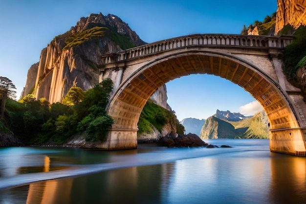 A bridge with a stone bridge in the background