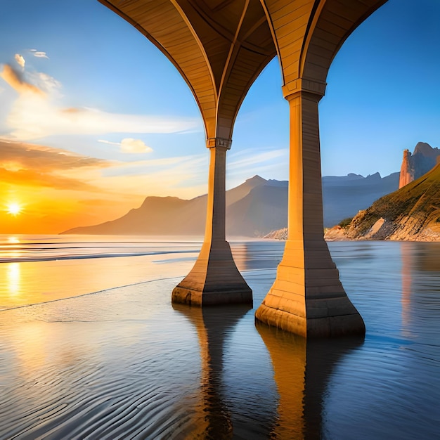 A bridge with the sun setting behind it