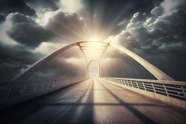 A bridge with the sun shining through the clouds