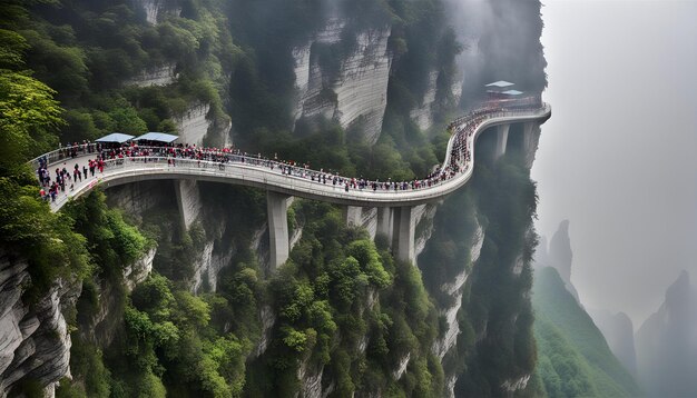 Photo a bridge with a train going over it and people walking on it