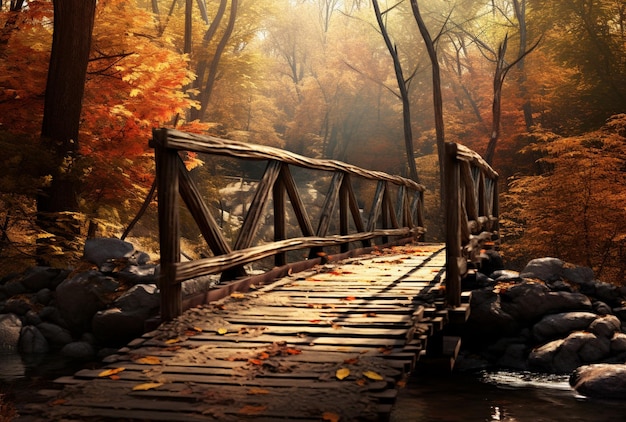 a bridge with a wooden bridge over a river with the words  fall  on it