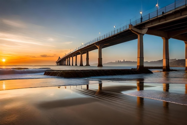 A bridge with the word " city " on the horizon.