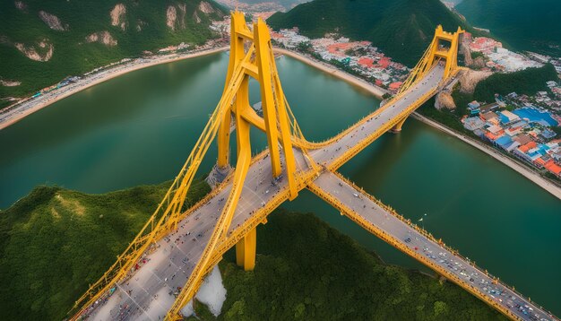 a bridge with yellow metal supports and a green river below