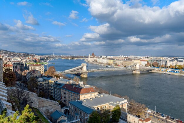 Bridges across danube river beautiful cityscape of budapest