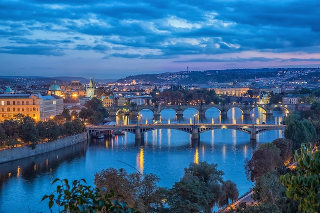 Bridges across Vltava at dusk in Prague