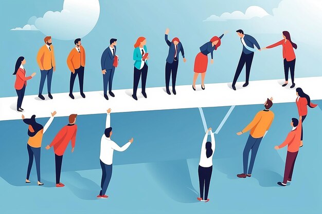 Bridging Connections Office Setting with People Forming a Human Bridge Flat Style Vector Illustration