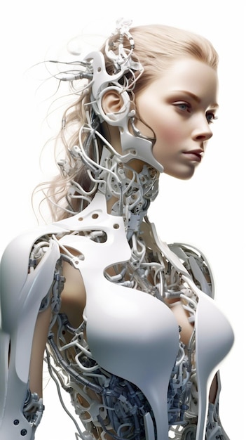 Bridging Human amp AI Woman with Lifelike Features amp Robotic Parts on White Background