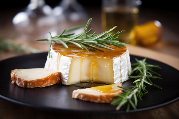 Brie cheese with honey and rosemary garnish created with generative ai