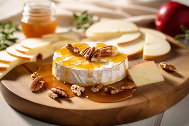 Brie kaas met honing versierd met noten en appels Generatieve AI-illustratie