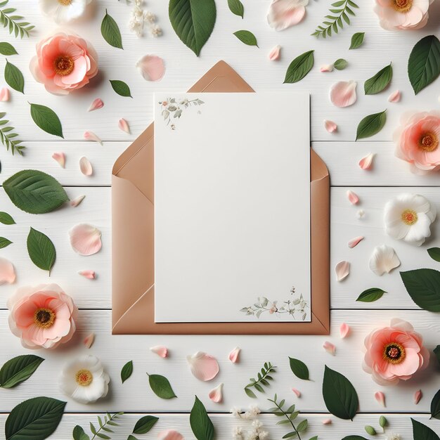 Foto brief met bloemblaadjes rand decoratie op witte houten tafel achtergrond