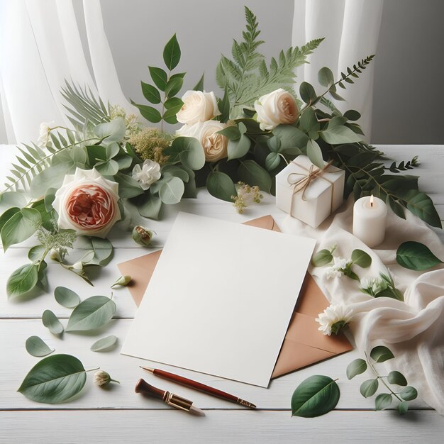 brief op witte houten tafel met achtergrond bloemen en groene bladeren decoratie