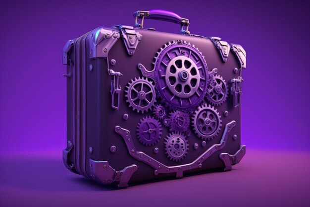 Briefcase with gears on purple background ai