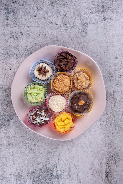 Brigadeiro. Typical Brazilian sweet. Many types of brigadiers together.Top View