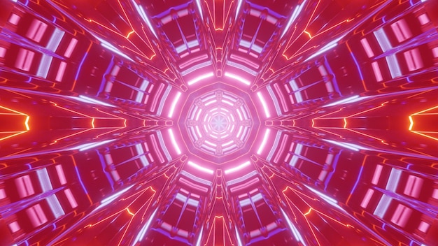 Bright 3D illustration of abstract neon ornament glowing with red light and forming round tunnel
