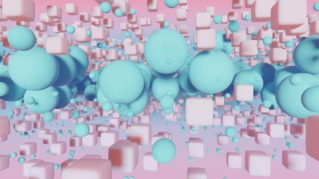 bright abstract 3d background with pink cubes and turquoise balls